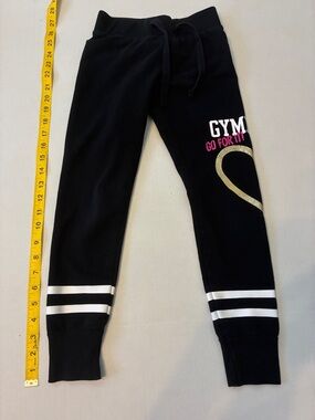 Justice Black Sweat Joggers with Gold Heart and Pink Graphic